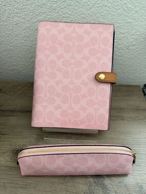 Coach Powder Pink Notebook AND Pencil Case In Signature Canvas